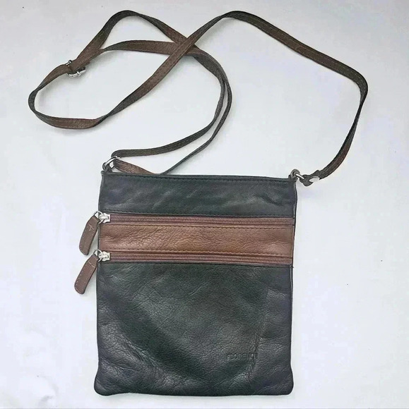 Florence 100% Black & Brown Leather Crossbody Adjustable Strap  Zipper purse - Picture 1 of 9